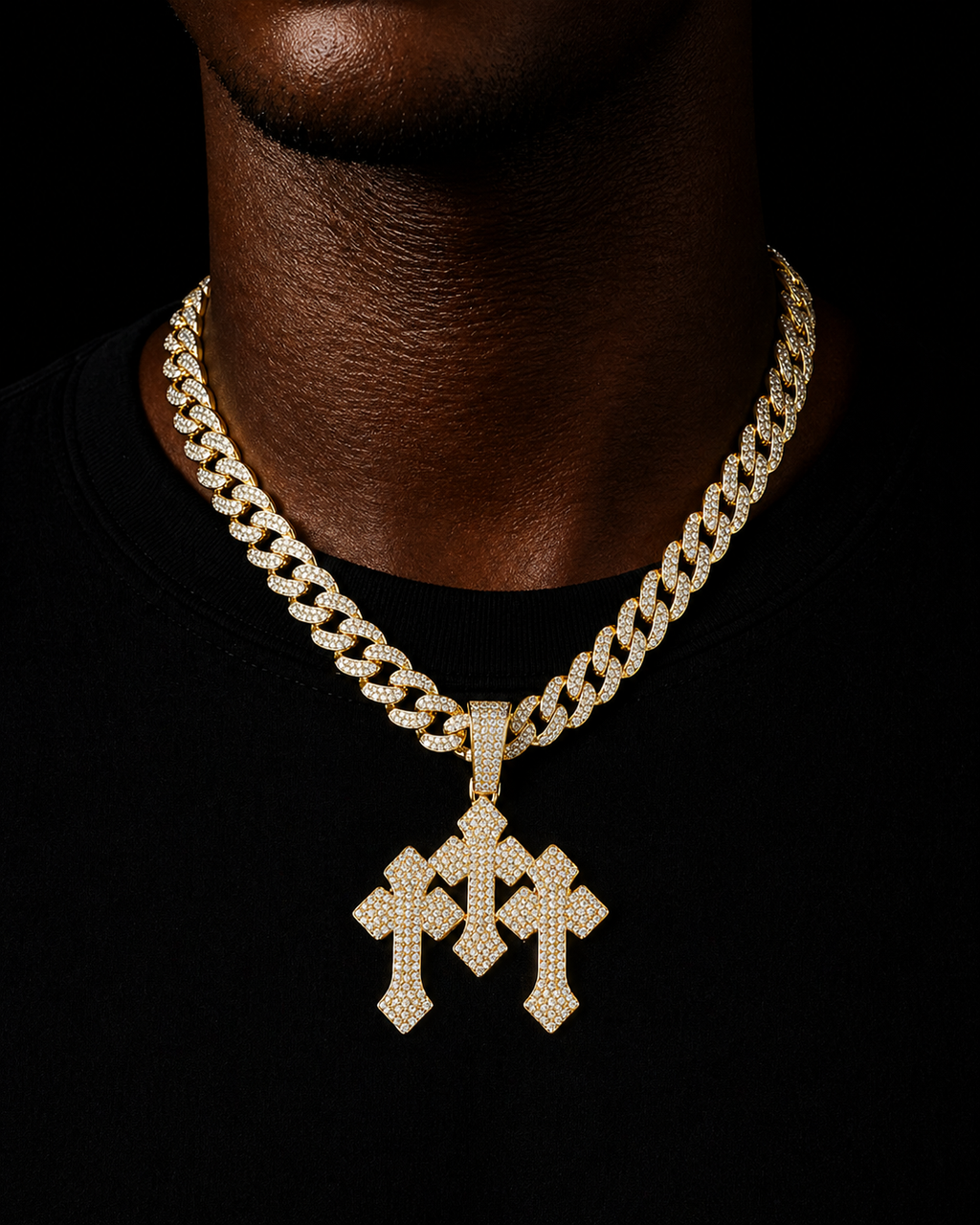 TRIPLE CROSS ICED PENDANT | GOLD