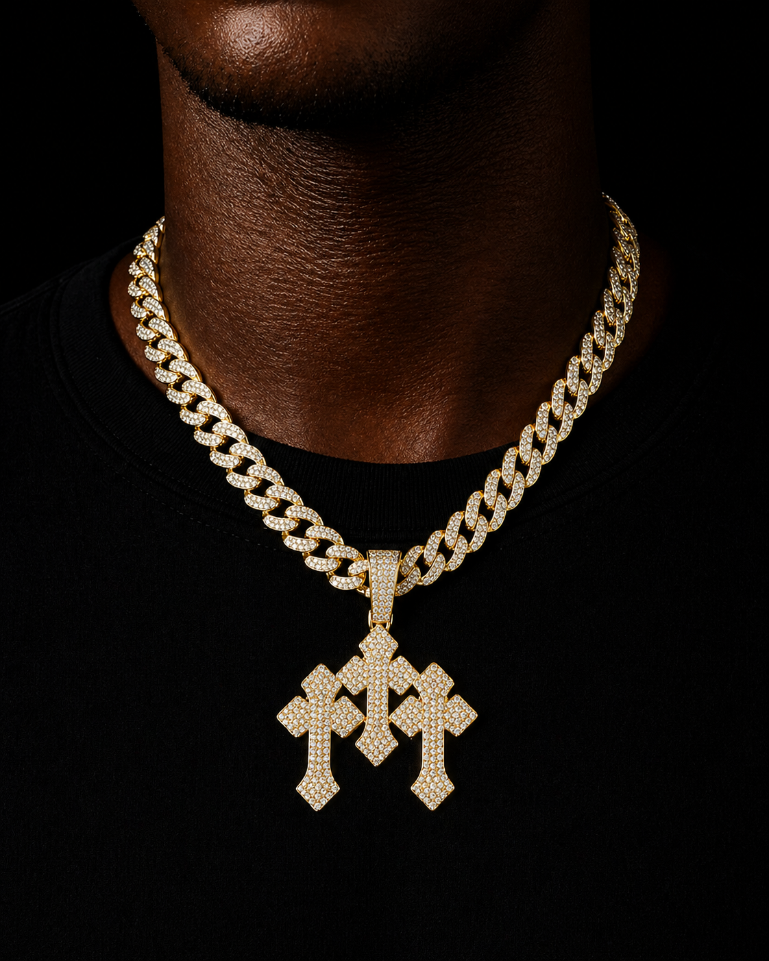 TRIPLE CROSS ICED PENDANT | GOLD